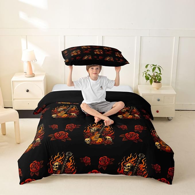 Erosebridal Guitar Rose Bedding Set Twin for Adults Women - Cool Skeleton Flame Duvet Cover Punk Rock Music Comforter Cover,Floral Gothic Skull Print Bed Set