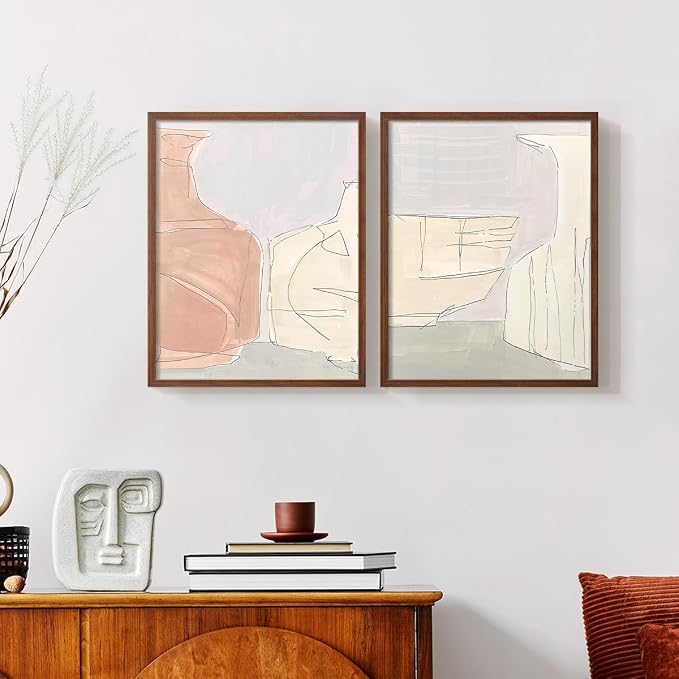 Renditions Gallery Set of 2 Peel & Stick Framed Prints, Neutral Abstract Wall Art, Soft Tones Delicate Linework Wall Decor, Re-Stickable - Ready to Hang - 11"x14" - Walnut Frame LT588