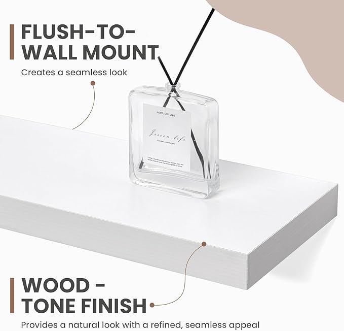 72 Inch Floating Shelves, 8 Inch Deep Floating Shelves for Wall, Hanging Shelf with Invisible Brackets, Deep Shelves for Bathroom, Bedroom, Living Room, White, Set of 2