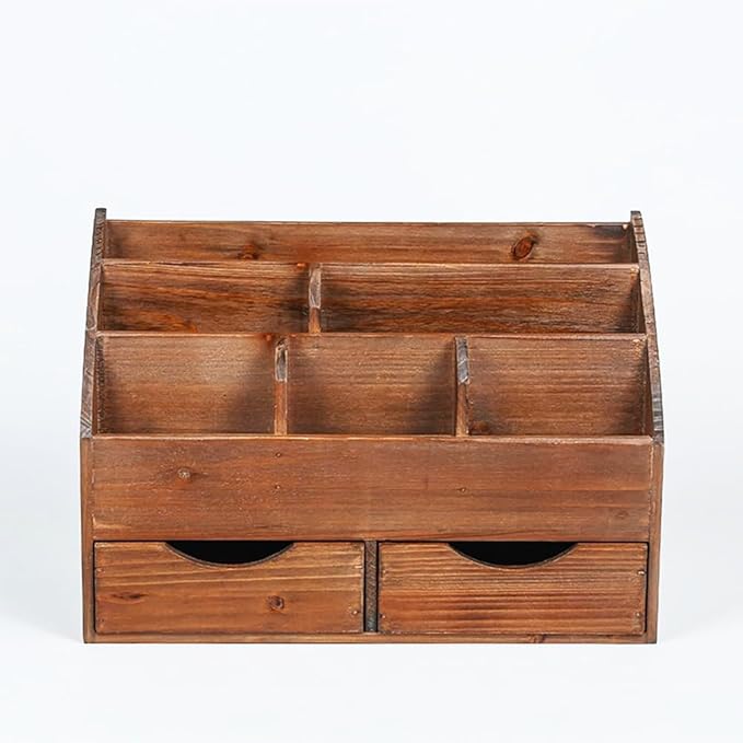 Vintage Rustic Wooden 2 Drawer with Shelf Office Desk Organizer & Mail Rack For Desktop,Box for Office Home Toiletries Supplies Vanity, No Assembly Required (J03) (Brown)