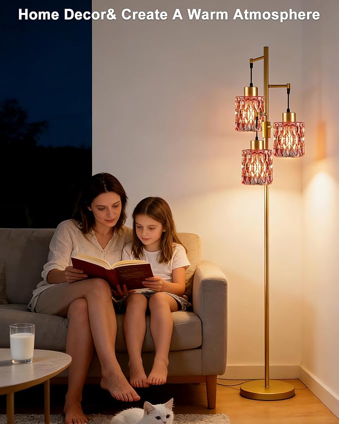 3-Light Modern Glass Floor Lamp, Gold Standing Tall Lamp with Deep Red Cylinder Glass Shade for Reading, Dimmable LED Floor Lamp with 5Lbs Heavy Base for Living Room Bedroom Home Decor, Bulb Included