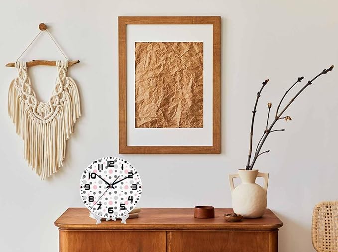 Polka Dot Pattern Wall Clock Pink Gray White Battery Powered Wall Clock Silent Non Ticking 10 Inch for Living Room, Kitchen, Home,Bathroom, Bedroom