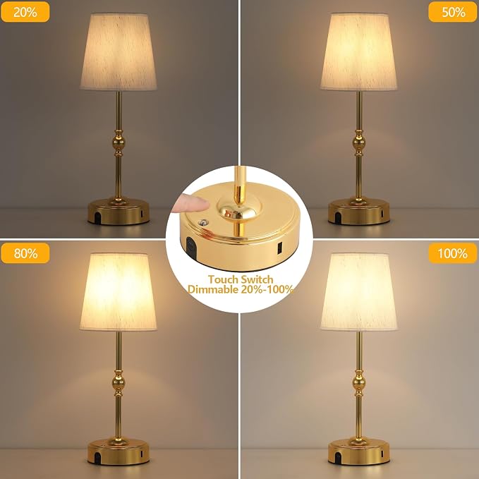 MEIXISUE Portables Cordless LED Table Lamp with Dimmer,Outdoor Gold Desk Lamp10000mAh Wireless Rechargeable Battery Nightstand Lamp for Bedroom Bedside Home Camping Balcony Bar RV,Decor