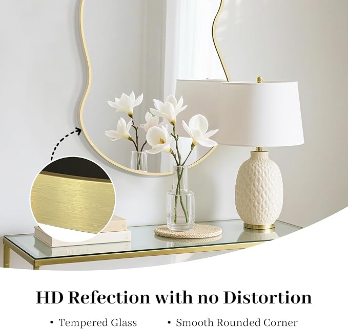HOMECOOKIN 36" H x 24" W Irregular Wall Mirror, Asymmetrical Decorative Mirror with Gold Aluminum Frame, Wavy Abstract Gold Mirror, for Living Room, Bedroom, Bathroom, Entryway, Cloakroom