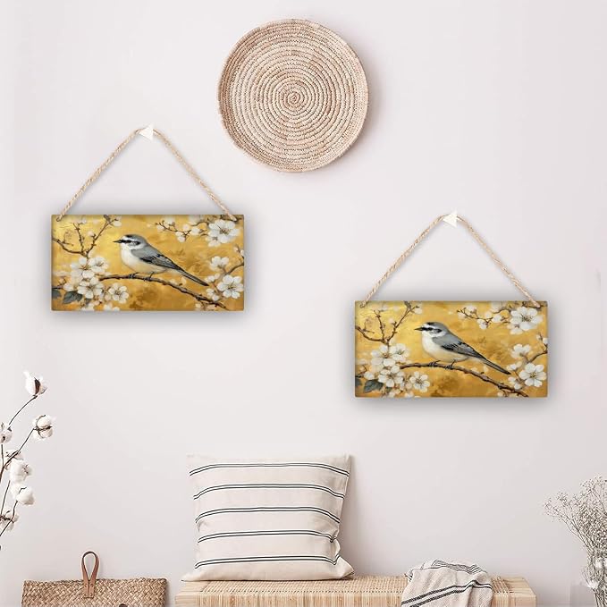 Opulent Retro Bird & Floral Wooden Wall Art, Luxe Home Decors for Vintage Admirers, 12x6 Inch Wood Sign for a Bold Bedroom Statement
