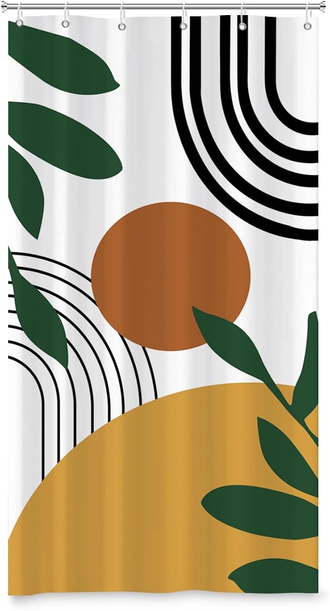 Boho Geometric Shower Curtain White Beige Mid Century Abstract Arch Curve Bathroom Curtain Minimalistic Sun Shower Curtain Sets for Bathroom Extra Long 54x72 in with 10 Hooks
