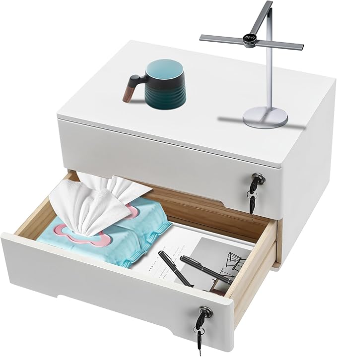 Desktop File Organizer with Lock, 2/3/4 Tier Multi-Drawer Wooden Storage Cabinet, Office Supply Organizer for Home Desk, Study & Workplace (White, 2 Layers)