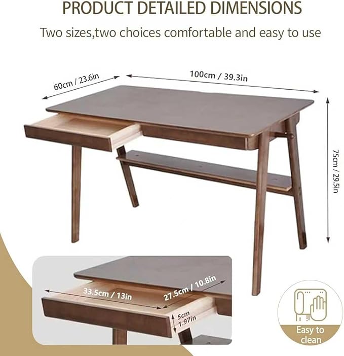 Mid-Century 39" Desk Solid Wood Writing Desk with 2 Drawers and Lower Shelf, Home Office Table for Study or Work or Dining with 2 Hanging Rod, Walnut