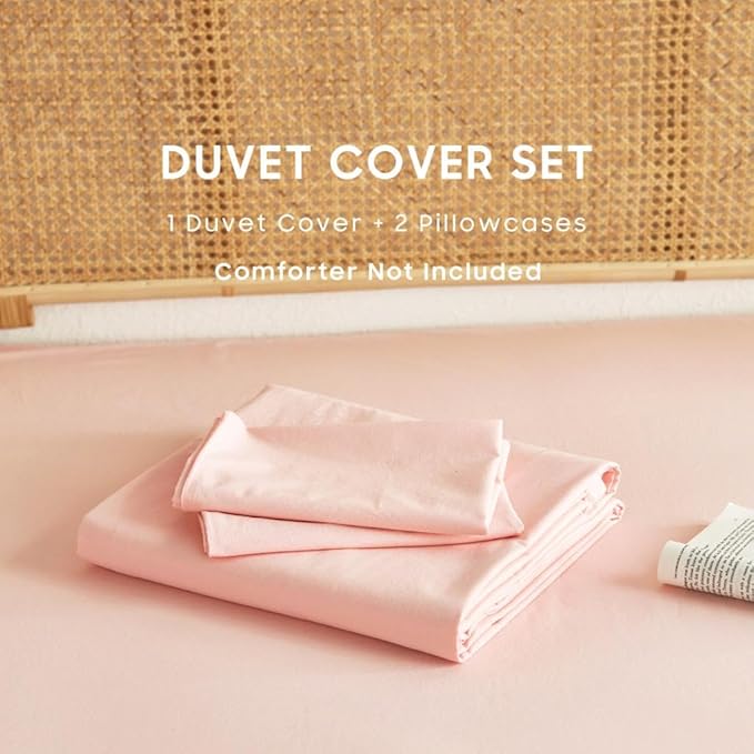 Wake In Cloud - Cotton Duvet Cover Set, 100% Washed Cotton, Linen Like Textured, Breathable Durable Comfy Farmhouse Neutral Bedding Set, 3 Pieces, Pink, Full Size