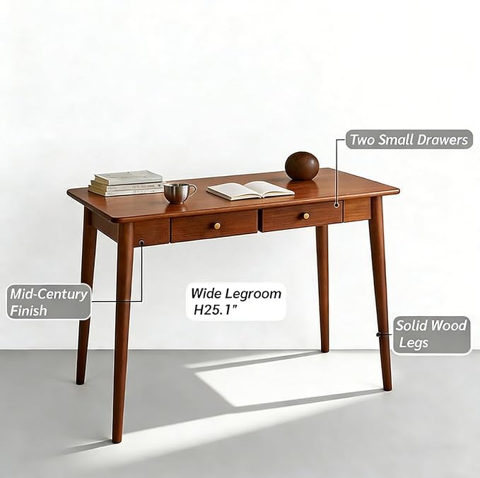 Mid Century Modern Desk, Wood Home Office Computer Desk with 2-Drawers, Vintage Writing Desk Workstation for Study, Bedroom(31.4 inch, Cherry)