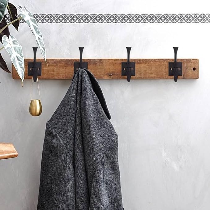2 Pack Decorative Heavy Duty Towel Hooks for Hanging Robe Double Matte Black Coat Hooks Wall Mounted with Screws for Key, Towel, Bags, Cup, Hat