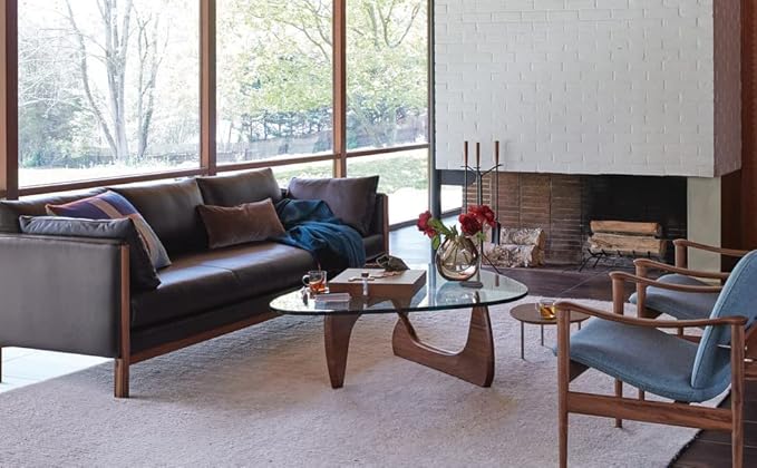 Triangle Glass Coffee Table Modern Coffee Table, with Vintage Clear Glass, and Solid Wood Base, End Table for Living Room, Office, Balcony, Patio (Dark Walnut)