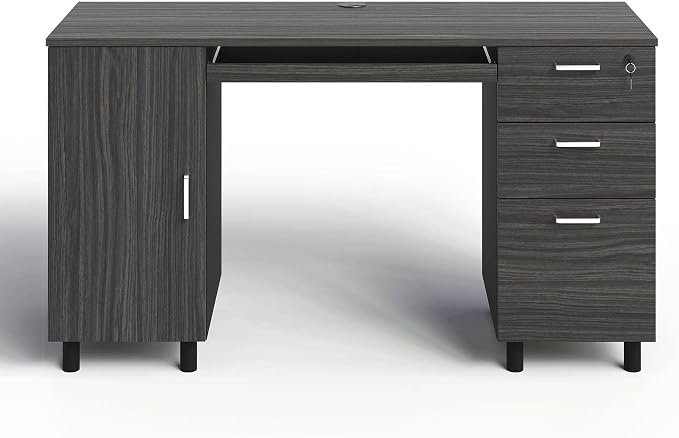 Modern Design Venice Computer Desk with Lockable Drawers, 53 Inch Home Office Desk with Storage Cabinet, Keyboard Tray & Cable Management, Modern Study Writing Desk for Small Spaces, Black and Grey