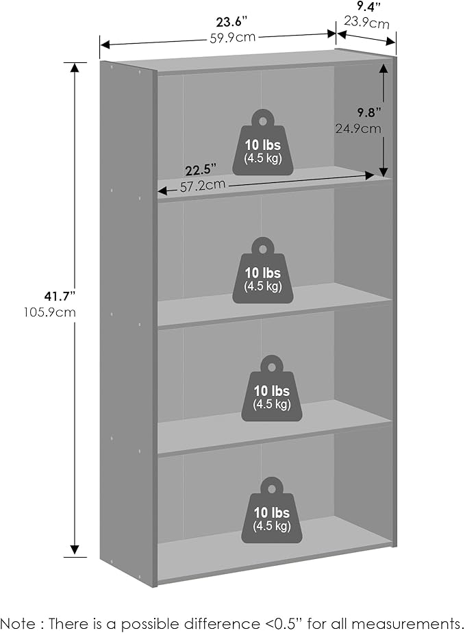Furinno Simple Book Shelf, 4-Tier Bookshelf, Bookcase with Open Shelf, 9.4 x 23.6 x 41.7, for Living Room, Bedroom, Home Office, Steam Beech