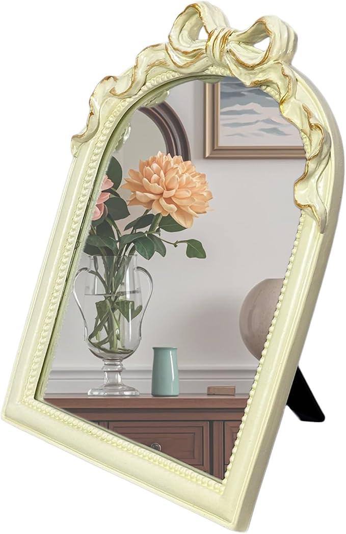 Cream Bow Mirror - 13x10 Inch Elegant Decorative Accent, Wall-Mounted & Tabletop Makeup Mirror for Bedroom Decor