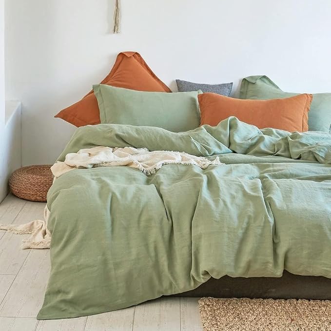 Simple&Opulence 100% Linen Duvet Cover Set, 3 PCS Natural French Flax Sage Green Duvet Cover Queen Size, Breathable Soft Comfy Linen Bedding Comforter Cover with 2 Pillowcases(Sage Green, 88"x92")