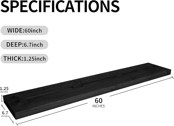 BGMG Wood Floating Shelves for Wall 60 inch Set of 2,Black Floating Shelves,Solid Wood Wall Mount Shelves for Bathroom Living Room Bedroom Kitchen Farmhouse -60x6.7x1.75 inch