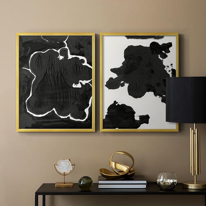 Renditions Gallery Set of 2 Peel & Stick Framed Prints, Fluid Abstract Wall Art, Black and White Inkblot Wall Decor, Re-Stickable - Ready to Hang - 22"x28" - GOLD Frame LT588