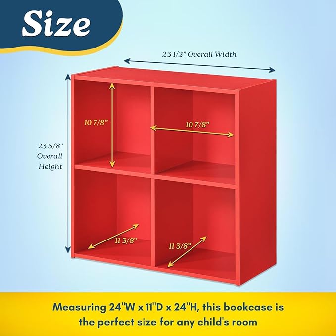 Kings Brand Furniture George 4-Cube Storage Organizer, 2-Tier Bookcase with Wood Shelves for Living Room, Bedroom, Nursery, or Home Office (Red, 2-Pack)