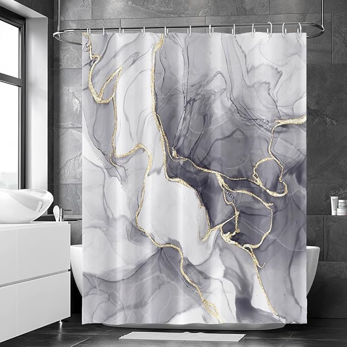 Grey Shower Curtain, Ombre Light Grey Marble Shower Curtain Set Modern Aesthetic Gray Ink Texture Waterproof Bathroom Curtain with Hooks, 72x78 Inch