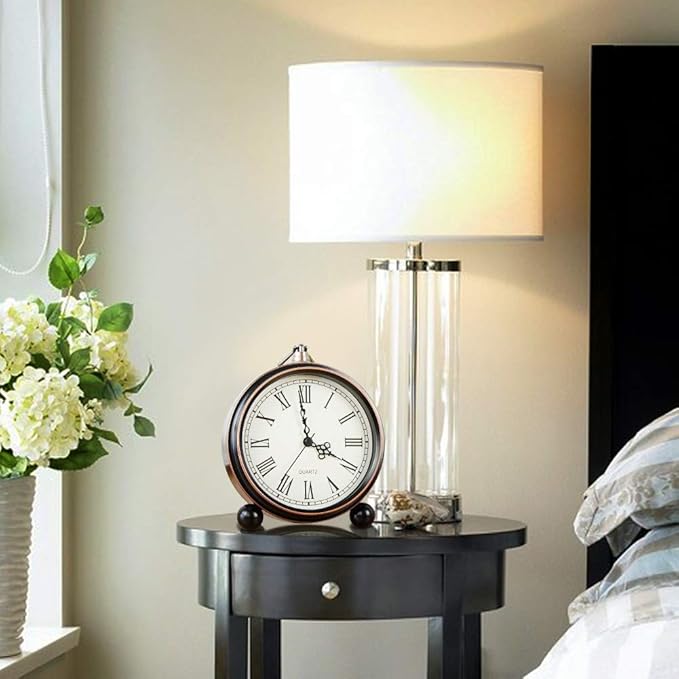 Retro Metal Table Clock Battery Operated Non-Ticking Silent Quartz Table Desk Small Alarm Clock Desk Clock for Kids Bedroom Living Room (Roman-550-15)