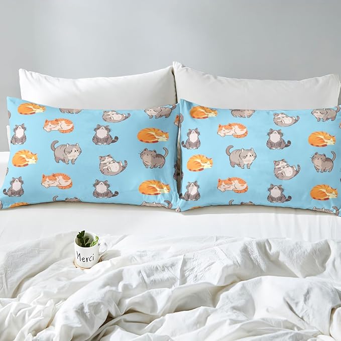 Erosebridal Cats Bedding Set Twin Cute Kitten Duvet Cover Cartoon Pets Animals Comforter Cover for Kids Girls Boys Adults Funny Cat Bed Set Blue