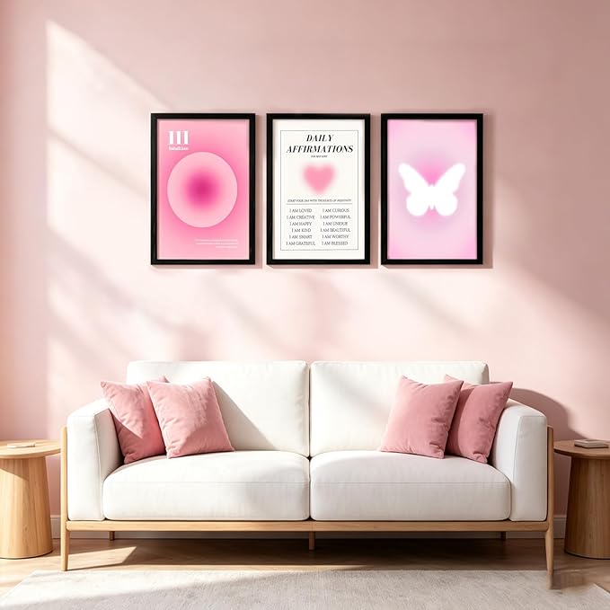 LIANGSU Black Framed Angel Number Affirmations Wall Art Pink Aura Gradient Butterfly Canvas Prints Boho Spiritual Positive Energy Wall Picture for Bedroom Living Room Office 16x24 Inch