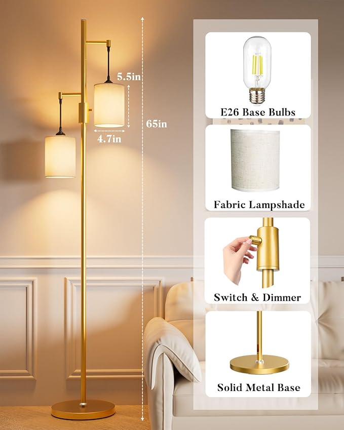 Lightdot 65IN Gold Floor Lamp for Living Room, Industrial 2-Light Tree Floor Lamps with Linen Shade, Modern Standing Tall Lamp with 5Lbs Heavy Base for Bedroom/Sofa Beside/Corner Decor(Bulb Included)