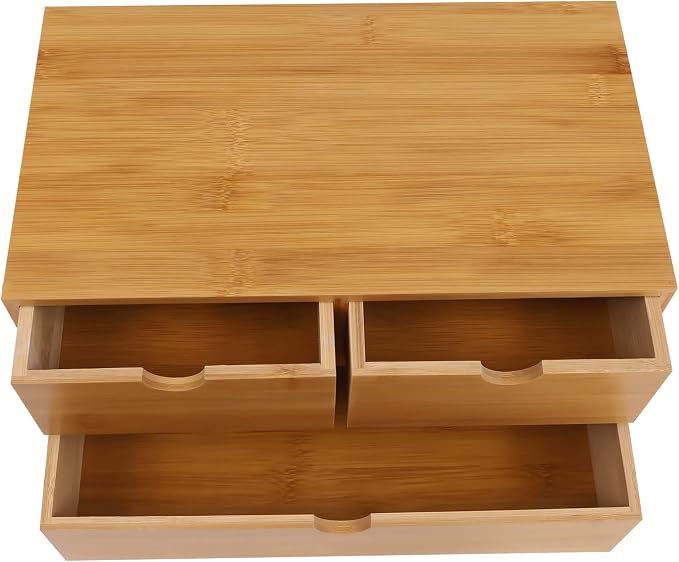 Bamboo Desk Organizer Small Retro Bamboo Tabletop Storage Box with Drawers& Recess Handles for Office Home Supplies Table Storage Collector 13 * 7.5 * 6in (3 Drawers/2 Top&1 Bottom)