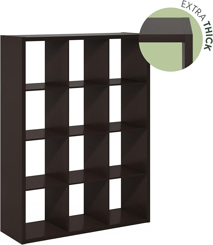 Furinno Cubicle Book Shelf, 12-Cube Bookshelf, Extra Thick Frame Reversible Bookcase with Open Back, 14.6" x 44" x 58", for Living Room, Bedroom, Home Office, Black Dark Oak