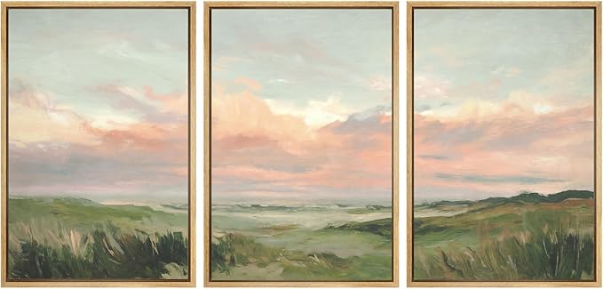 SIGNWIN Framed Canvas Print Wall Art Set Pastel Coastal Sunset Over Dune Grass Illustrations Modern Art Decorative Chic Calm/Zen for Living Room, Bedroom, Office - 16"x24"x3 NATURAL