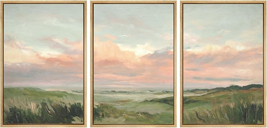 SIGNWIN Framed Canvas Print Wall Art Set Pastel Coastal Sunset Over Dune Grass Illustrations Modern Art Decorative Chic Calm/Zen for Living Room, Bedroom, Office - 16"x24"x3 NATURAL