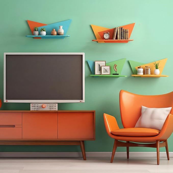 Threehoney Mid-Century Modern Wall Set of 4 Colorful Floating Display Shelves Retro Style Starburst Wall Mounted Shelves Storage for Bedroom, Living Room Decor(Folding Geometry)