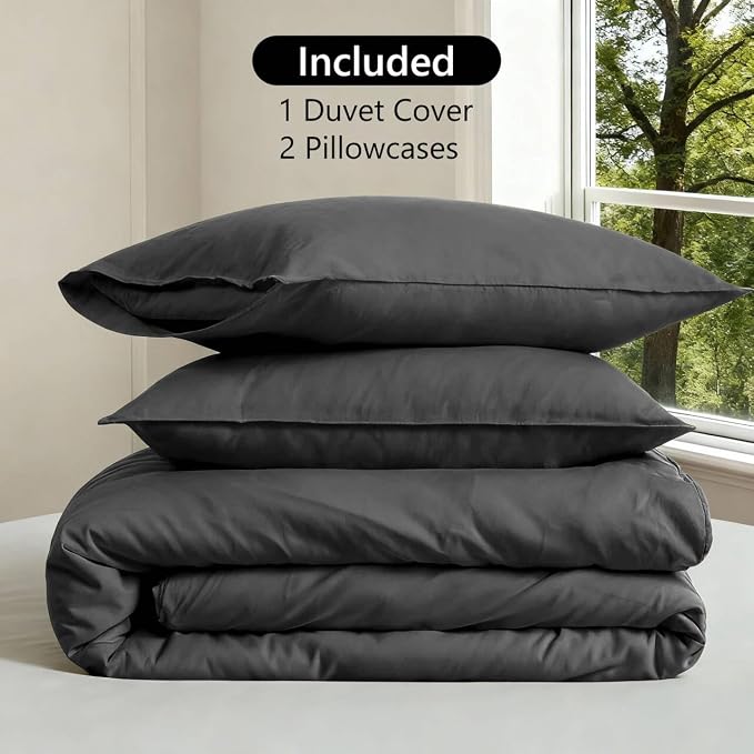 FALUCA French Linen Blend Duvet Cover Set 3Pcs Queen (88"x92") - Soft, Breathable, Cooling Farmhouse Bedding for Summer Hot Sleeper (Queen, Dark Grey)