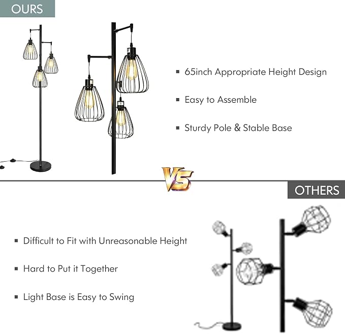 Tangkula Industrial Floor Lamp, 3-Light Tall Tree Lamp with 3 Hanging Lampshades, Freestanding Teardrop Cage Floor Light with Lamp Holder, Bulb, Foot Switch for Hallway, Living Room, Bedroom