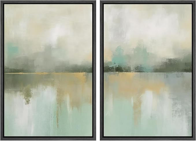 IDEA4WALL Framed Canvas Print Wall Art Set Golden Mist Lake Abstract Water Landscape Illustrations Modern Art Decorative Coastal Cottage Seascape for Bedroom - 24"x36"x2 Black