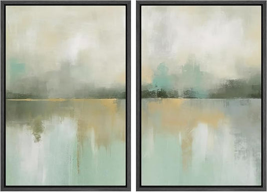 IDEA4WALL Framed Canvas Print Wall Art Set Golden Mist Lake Abstract Water Landscape Illustrations Modern Art Decorative Coastal Cottage Seascape for Bedroom - 16"x24"x2 Black