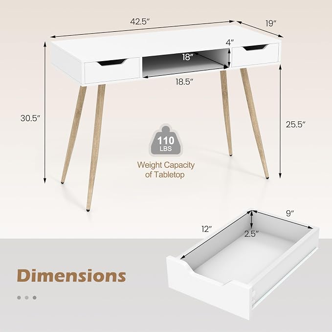 Tangkula White Writing Desk, Simple Computer Desk with 2 Drawers & Open Center Storage, Mid Century Modern Vanity Table, Small Wooden Study Table for Home Office & Compact Spaces