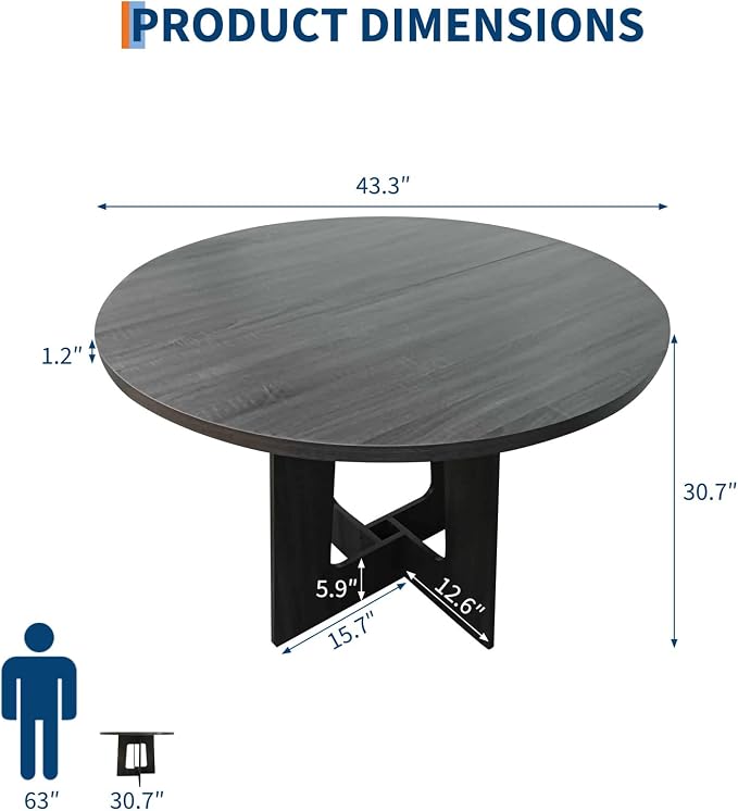Round Dining Table for 4, 43.3" Kitchen Table for Dining Room, Circle Farmhouse Kitchen Table, Wood Dinner Table for Kitchen, Living Room, Apartment, Grey-Black