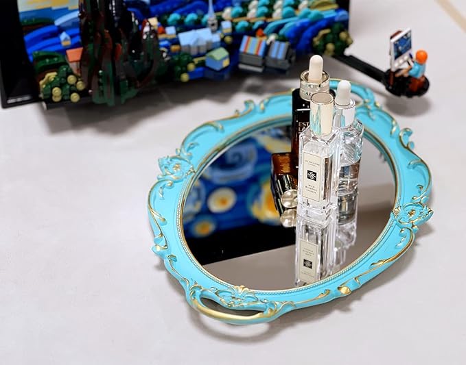 Oval Vintage Decorative Mirror Tray, Jewelry Dresser Organizer Tray, Cosmetics Makeup Storage Organizer, Serving Tray (9.8”x 14.6”) Blue
