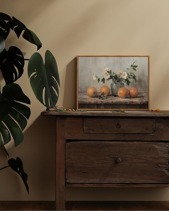 ARPEOTCY Framed Canvas Wall Art, Vintage Kitchen Picture Decor, Rustic Farmhouse Cottagecore Shelf Decor, Oranges Still Life Painting, 12x16inch