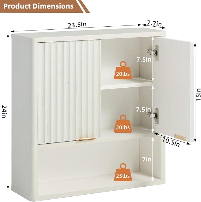 LEYAOYAO Fluted Bathroom Wall Cabinet, Wall-Mounted Medicine Cabinet with Adjustable Shelf & Doors, Farmhouse Floating Over The Toilet Storage Cabinets for Laundry Room, Kitchen, Living Room (White)