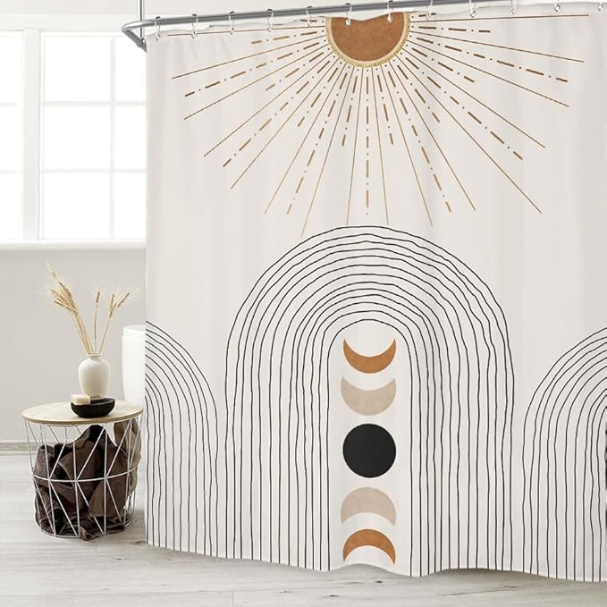 Miyotaa Abstract Sun Moon Phase Shower Curtain Set 60Wx71H Inches Minimalist Modern Contemporary Aesthetic Sunshine Polyester Waterproof Cloth Bathroom Curtain with 12 Hooks