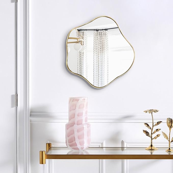 Gold Irregular Mirror, 16" Asymmetrical Shaped Mirror, Wavy Round Mirrors Decorative, Modern Scalloped Mirrors for Living Room Bathroom Bedroom Hallway Entryway Fireplace