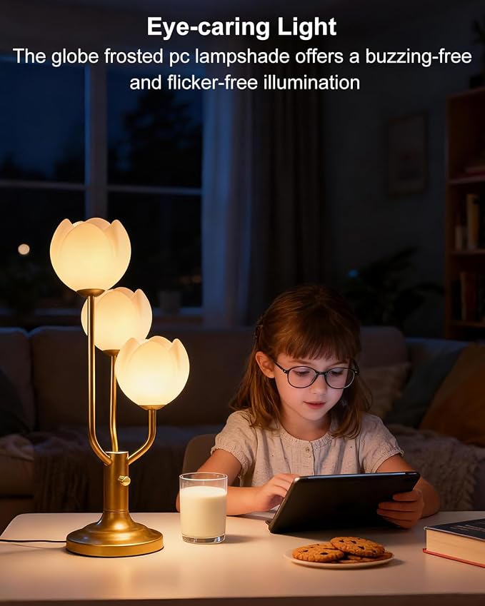 Lightdot Flower Table Lamp for Living Room Modern 3-Light Modern Mid Century Cute Desk Lamp 3000K Warmwhite Dimmable Bedside Nightstand Lamp for Bedroom Reading-Gold