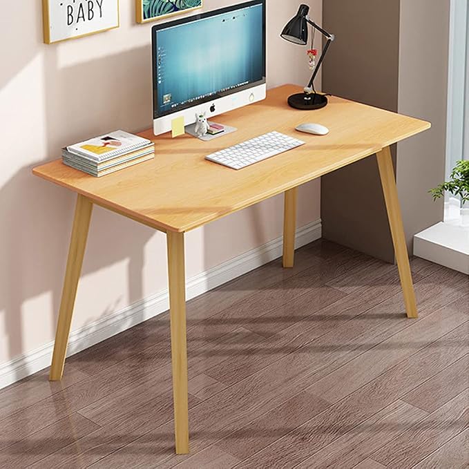 IOTXY Simple Wooden Writing Desk - Modern Minimalist Style PC Laptop Computer Workbench with Solid Wood Legs, 47" W Home Office Work Table for TV Stand Music Video Live Broadcast Workstation, White