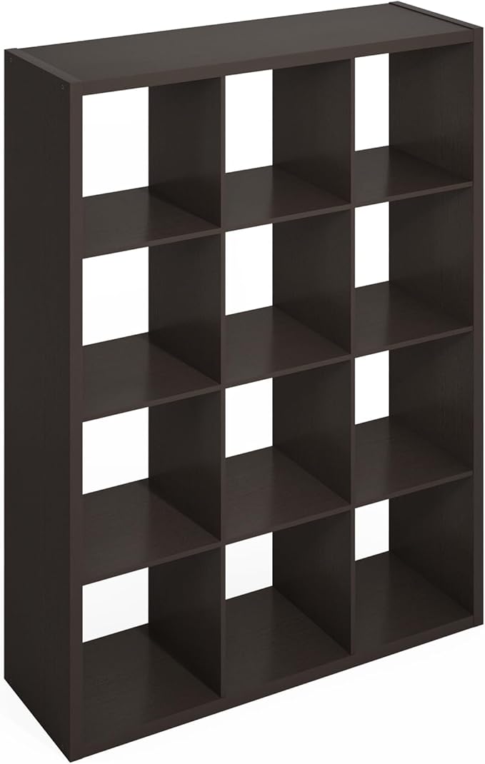 Furinno Simple Cube Storage Organizer, 12-Cube Display Shelf, Open Back Shelving Unit, Storage Shelves, Extra Thick Frame, for Organization and Storage, Living Room, Home Office, Dark Oak