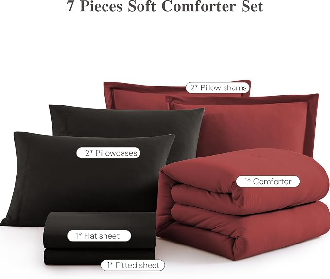 WRENSONGE Queen Comforter Set- 7 Pieces Soft Bright Red Bed in a Bag with Fitted Sheet, Flat Sheet, 2 Pillow Shams, and 2 Pillowcases- Warm Bedding Sets Queen for All Season