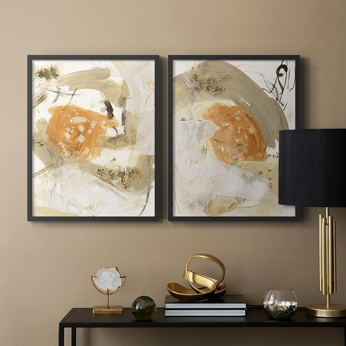 Renditions Gallery Set of 2 Peel & Stick Framed Prints, Neutral Abstract Wall Art, Earthy Tones Blended Brushstrokes Wall Decor, Re-Stickable - Ready to Hang - 22"x28" - Black Frame LT588