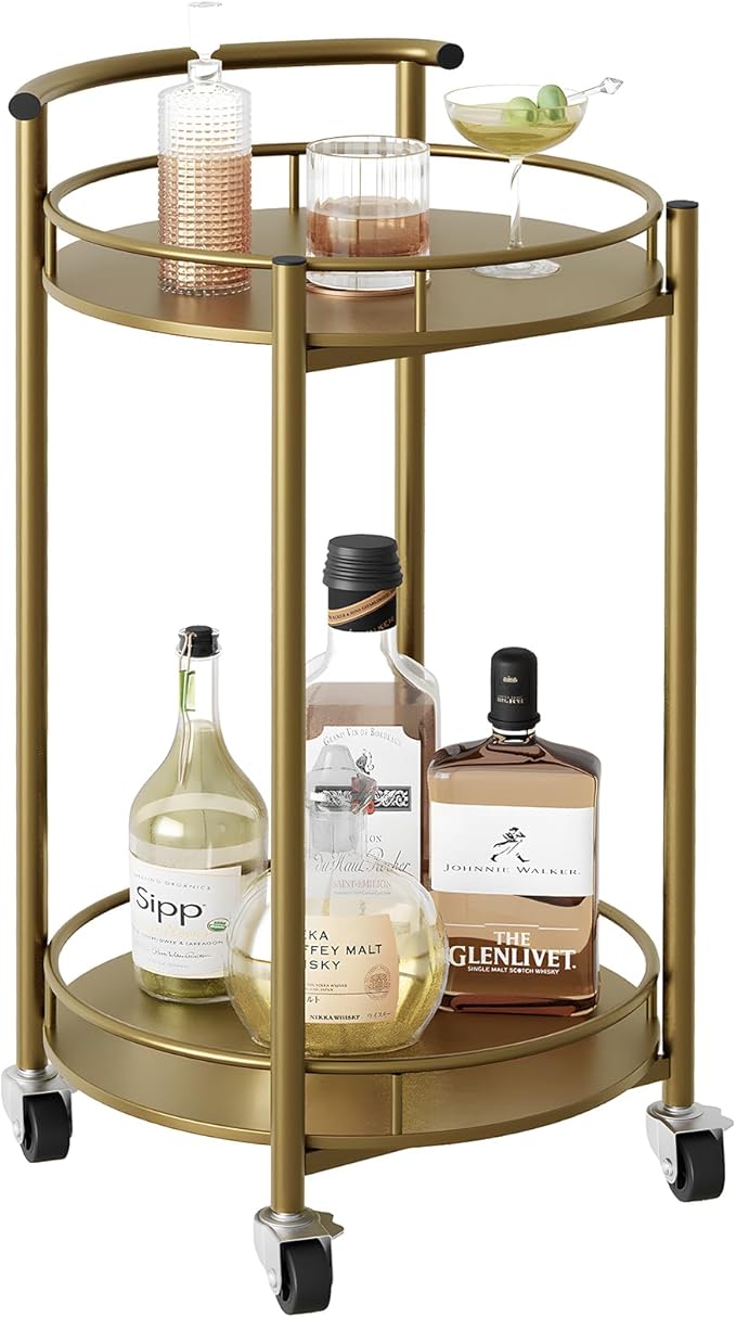 Bar Cart Gold Rolling Cart for Home,2 Tiers Bar Serving Cart Round Wine Cart with Handle, Metal Wine Rack and Casters, Serving Bar Trolley for Home Kitchen,Living Room,Christmas,New Year